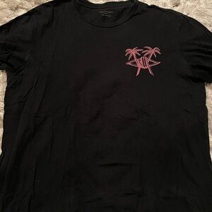 AllSaints Black T-Shirt with Pink Palm Tree Design